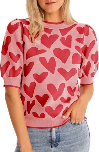 Saodimallsu Womens Puff Short Sleeve Heart Sweater Valentines Crew Neck Graphic Knit Pullover Crop Tops in Saudi Arabia