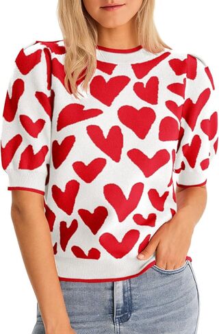 Saodimallsu Womens Puff Short Sleeve Heart Sweater Valentines Crew Neck Graphic Knit Pullover Crop Tops in Saudi Arabia