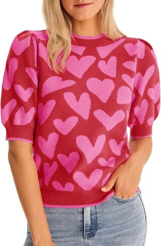 Saodimallsu Womens Puff Short Sleeve Heart Sweater Valentines Crew Neck Graphic Knit Pullover Crop Tops in Saudi Arabia