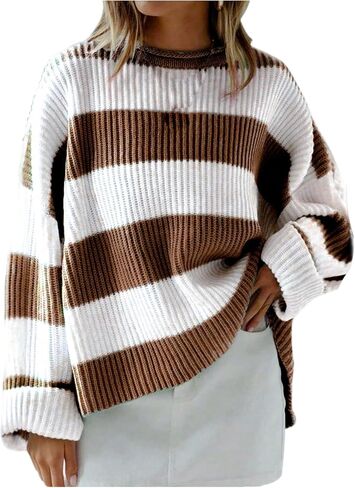 SHENHE Women's Plus Size Crew Neck Long Sleeve Striped Casual Loose Pullover Sweater in Saudi Arabia