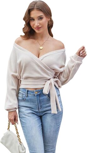 SweatyRocks Women's Wrap Off Shoulder V Neck Sweater Sexy Crop Cinched Waist Long Sleeve Knit Sweaters Top in Saudi Arabia