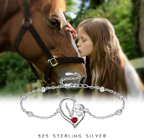 TANGPOET Horse Heart Birthstone Bracelet Jewelry Gifts for Horse Lovers Women 925 Sterling Silver Charm Link Bracelets Presents for Birthday Christmas，7"+2" Adjustable Chain in Saudi Arabia