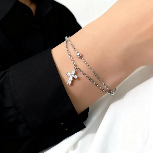 925 Sterling Silver Bracelets for Women Silver Rhinestone Cross Bracelets Layered Chain Bracelet Fashion Jewelry Gifts in Saudi Arabia