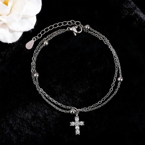 925 Sterling Silver Bracelets for Women Silver Rhinestone Cross Bracelets Layered Chain Bracelet Fashion Jewelry Gifts in Saudi Arabia