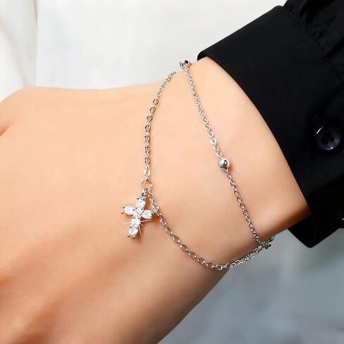 925 Sterling Silver Bracelets for Women Silver Rhinestone Cross Bracelets Layered Chain Bracelet Fashion Jewelry Gifts in Saudi Arabia
