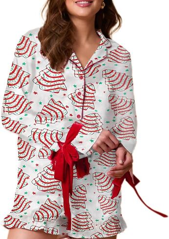 Faretumiya Women Cute Christmas Silk Pajama Bow Tie 2 Piece Xmas Print Pjs Long Sleeve Shirt Ruffle Shorts Set Loungewear in Saudi Arabia