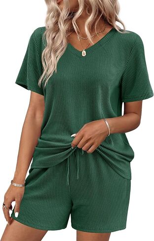 Ekouaer Womens Pajama Sets Short Sleeve Knit Lounge Set 2 Piece Pj Sets for Women V Neck Casual Loungewear in Saudi Arabia