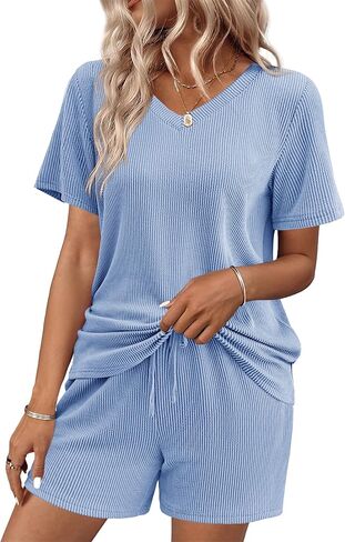 Ekouaer Womens Pajama Sets Short Sleeve Knit Lounge Set 2 Piece Pj Sets for Women V Neck Casual Loungewear in Saudi Arabia