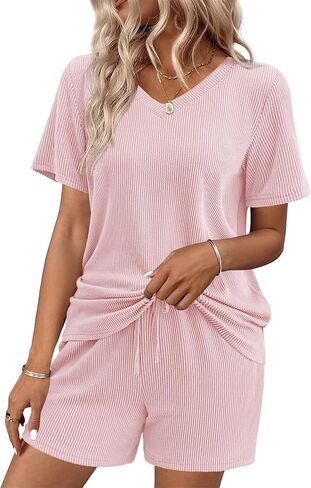 Ekouaer Womens Pajama Sets Short Sleeve Knit Lounge Set 2 Piece Pj Sets for Women V Neck Casual Loungewear in Saudi Arabia