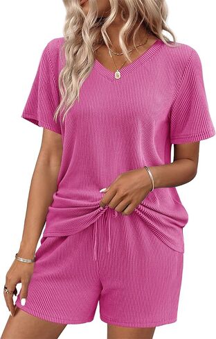 Ekouaer Womens Pajama Sets Short Sleeve Knit Lounge Set 2 Piece Pj Sets for Women V Neck Casual Loungewear in Saudi Arabia