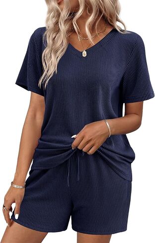 Ekouaer Womens Pajama Sets Short Sleeve Knit Lounge Set 2 Piece Pj Sets for Women V Neck Casual Loungewear in Saudi Arabia