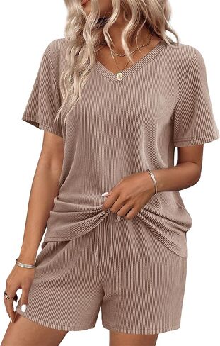 Ekouaer Womens Pajama Sets Short Sleeve Knit Lounge Set 2 Piece Pj Sets for Women V Neck Casual Loungewear in Saudi Arabia