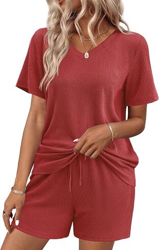 Ekouaer Womens Pajama Sets Short Sleeve Knit Lounge Set 2 Piece Pj Sets for Women V Neck Casual Loungewear in Saudi Arabia