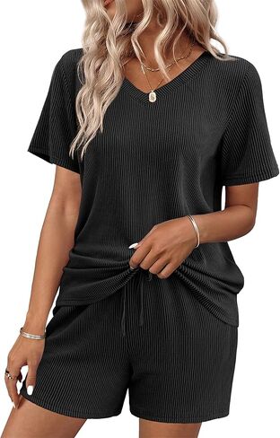 Ekouaer Womens Pajama Sets Short Sleeve Knit Lounge Set 2 Piece Pj Sets for Women V Neck Casual Loungewear in Saudi Arabia