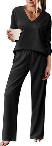 Ekouaer Pajama for Womens Set Ploar Fleece Long Sleeve Lounge Sets Fall Pjs V Neck Comfy Sleepwear with Pockets in Saudi Arabia