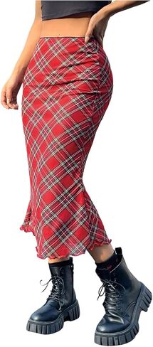 Women's Y2k Plaid Midi Skirt Vintage Mesh High Waisted Bodycon Grunge Going Out Skirts in Saudi Arabia