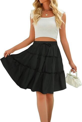 تنورة نسائية صيفية بطبعة زهور بطول الركبة على شكل حرف A تنانير قصيرة متأرجحة برباط وخصر مطاطي in Kuwait