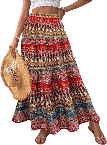 تنورة نسائية طويلة من GORGLITTER بتصميم بوهو غربي مكشكش ومتأنق كاجوال عصري للخريف بخصر عالٍ وكتلة ملونة تنانير طويلة in Kuwait
