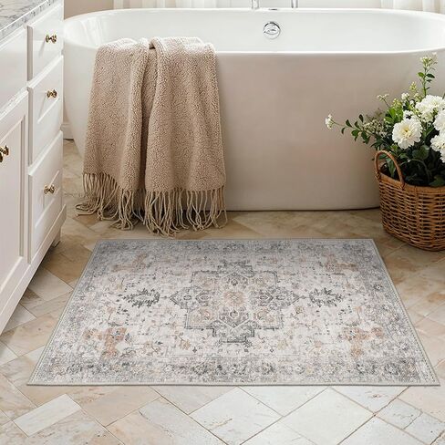 Area Rug 2x3 Doormat, Machine Washable Low Pile Rugs, Small Retro Entryway Mat for Entrance, Hallway, Kitchen and Corridor, Light Taupe Brown in Saudi Arabia