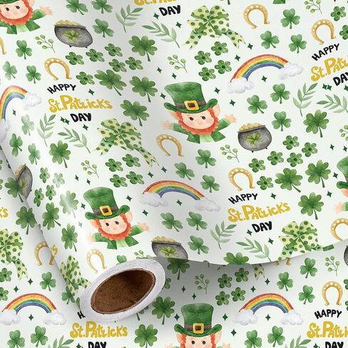 RUSPEPA St. Patrick's Wrapping Paper Roll, Mini Roll, Lucky Clovers Gift Wrap, Green Pliad Kraft Paper for St. Patrick Day, Holiday Party and Any Occasion, 17 Inches x 16.4 Feet in Saudi Arabia