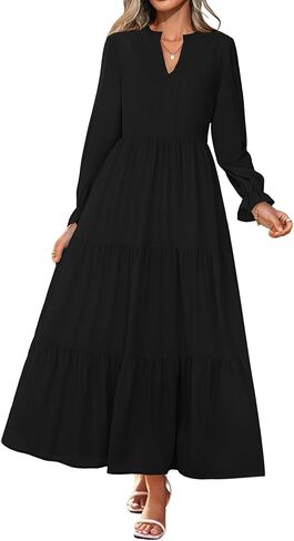 Lazysmile Dresses for Women 2025 Fall Long Sleeve V Neck Button Down A-Line Flowy Casual Boho Maxi Dress with Pockets in Saudi Arabia