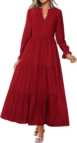 Lazysmile Dresses for Women 2025 Fall Long Sleeve V Neck Button Down A-Line Flowy Casual Boho Maxi Dress with Pockets in Saudi Arabia
