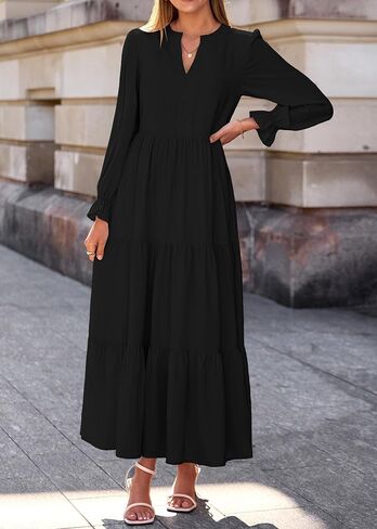 Lazysmile Dresses for Women 2025 Fall Long Sleeve V Neck Button Down A-Line Flowy Casual Boho Maxi Dress with Pockets in Saudi Arabia