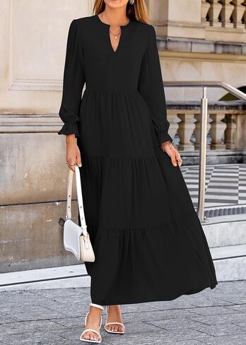 Lazysmile Dresses for Women 2025 Fall Long Sleeve V Neck Button Down A-Line Flowy Casual Boho Maxi Dress with Pockets in Saudi Arabia