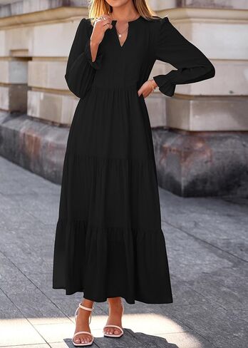 Lazysmile Dresses for Women 2025 Fall Long Sleeve V Neck Button Down A-Line Flowy Casual Boho Maxi Dress with Pockets in Saudi Arabia