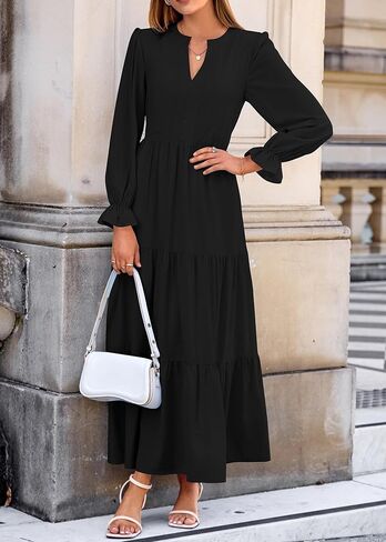 Lazysmile Dresses for Women 2025 Fall Long Sleeve V Neck Button Down A-Line Flowy Casual Boho Maxi Dress with Pockets in Saudi Arabia