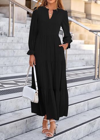 Lazysmile Dresses for Women 2025 Fall Long Sleeve V Neck Button Down A-Line Flowy Casual Boho Maxi Dress with Pockets in Saudi Arabia