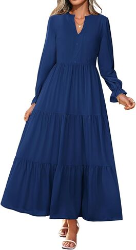 Lazysmile Dresses for Women 2025 Fall Long Sleeve V Neck Button Down A-Line Flowy Casual Boho Maxi Dress with Pockets in Saudi Arabia