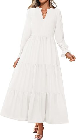 Lazysmile Dresses for Women 2025 Fall Long Sleeve V Neck Button Down A-Line Flowy Casual Boho Maxi Dress with Pockets in Saudi Arabia