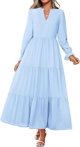 Lazysmile Dresses for Women 2025 Fall Long Sleeve V Neck Button Down A-Line Flowy Casual Boho Maxi Dress with Pockets in Saudi Arabia