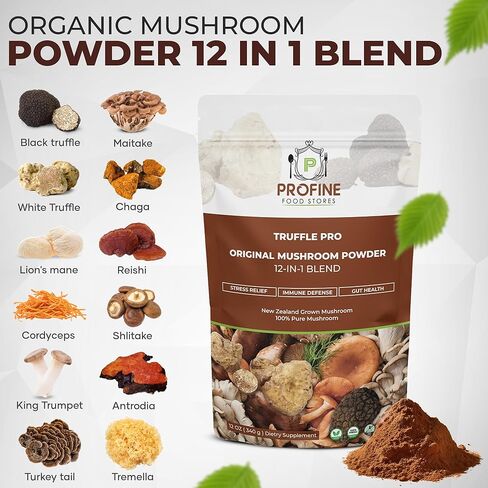 PROFINE Truffle PRO Mushroom Powder 12- in - 1 Super Blend with Black Truffle and White Truffle - USDA Organic - Supplement - Add to Coffee/Tea/Smoothies - Whole Mushrooms - No fillers in Saudi Arabia
