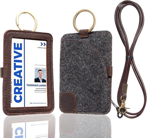 LeeFirst Premium Leather ID Badge Holder with Detachable Metal Clip, Durable ID Card Holder Name Card Case Protector, Clear Window, 2 Card Slots, Leather Lanyard – Perfect for Work & School, Black in Kuwait