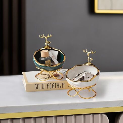 وعاء سيراميك مزخرف من ELEGANTZ مع غزال الرنة الذهبي - صينية زينة فاخرة وحامل مجوهرات - طبق كاتال حديث للمفاتيح والخواتم والإكسسوارات - ديكور أنيق للمدخل أو خزانة الملابس أو الحمام in Saudi Arabia
