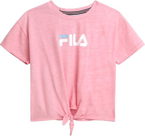 بلوزة قصيرة للفتيات من Fila - قميص من خليط القطن الناعم بياقة دائرية وأكمام قصيرة - تي شيرت صيفي لطيف مع ربطة أمامية in Kuwait