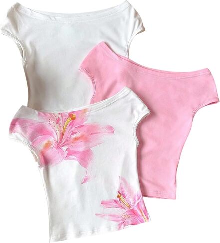 WDIRARA Girl's 3 Pack Floral Off The Shoulder T Shirts Cap Sleeve Tee Fitted Tops in Saudi Arabia