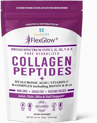 FlexGlow+ Collagen Peptides – Broad Spectrum (I, II, III, V, X) – Hyaluronic Acid, Biotin & Vitamin C - Hair, Skin & Joint Support – 30 Servings (12.17oz) (12.17 oz, Unflavored) in Saudi Arabia