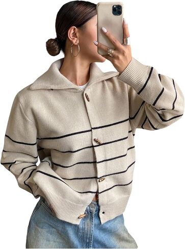 Women's Striped Button Down Cardigan Collared Long Sleeve Knit Sweater Retro Outerwear in Saudi Arabia