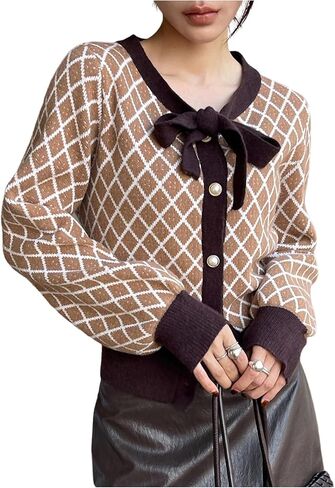 MakeMeChic Women's Plaid Button Down Cardigans Bow Tie Front Long Sleeve Dressy Sweater in Saudi Arabia