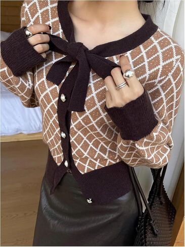 MakeMeChic Women's Plaid Button Down Cardigans Bow Tie Front Long Sleeve Dressy Sweater in Saudi Arabia