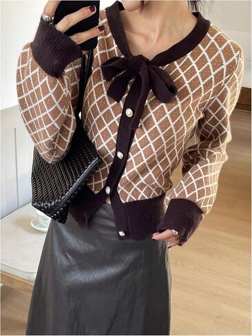 MakeMeChic Women's Plaid Button Down Cardigans Bow Tie Front Long Sleeve Dressy Sweater in Saudi Arabia