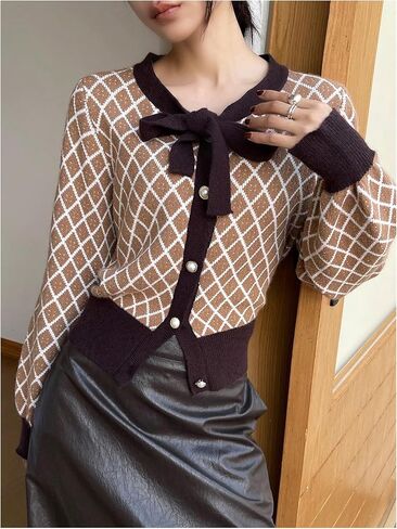 MakeMeChic Women's Plaid Button Down Cardigans Bow Tie Front Long Sleeve Dressy Sweater in Saudi Arabia