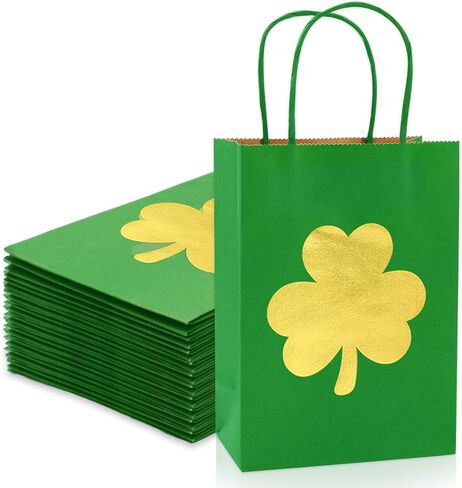FYSUIMU 24Pcs St. Patrick's Day Paper Bags Gold Foil Shamrock Treat Gift Bags with Handles Green Candy Goodie Bags Grocery Shopping Bags for Irish Holiday Party in Saudi Arabia