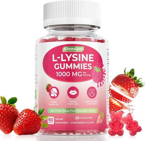 L-Lysine Gummies 1000 mg for Women per serving, 60mg Lysine Extract Supplement for Adults & Kids with Biotin, Multivitamins & Zinc - Cold Sore Supplement for Lip, Hair, Skin & Nail Health - 60 Count in Saudi Arabia