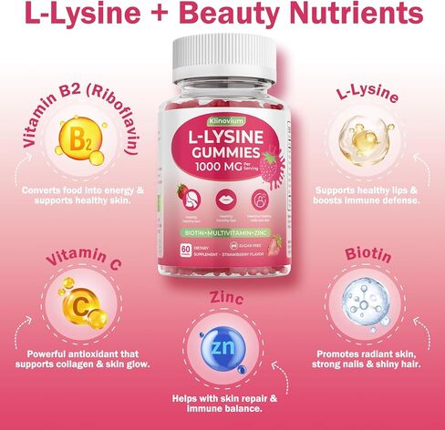 L-Lysine Gummies 1000 mg for Women per serving, 60mg Lysine Extract Supplement for Adults & Kids with Biotin, Multivitamins & Zinc - Cold Sore Supplement for Lip, Hair, Skin & Nail Health - 60 Count in Saudi Arabia