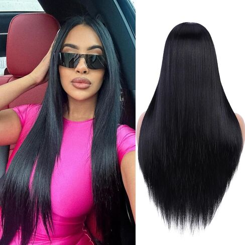 quickwig Long Straight Wig Black Wigs for Women and Girls Middle Part Natural Hairline Long Synthetic Full Wig for Daily Party Costume Use in Saudi Arabia
