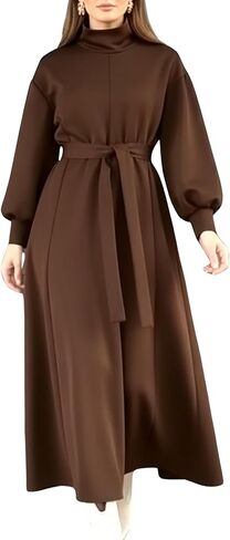 istanbul styles Women’s Winter Long Dress with Belt – High Neck Modest Long Sleeve Elegant Women’s Dress in Saudi Arabia
